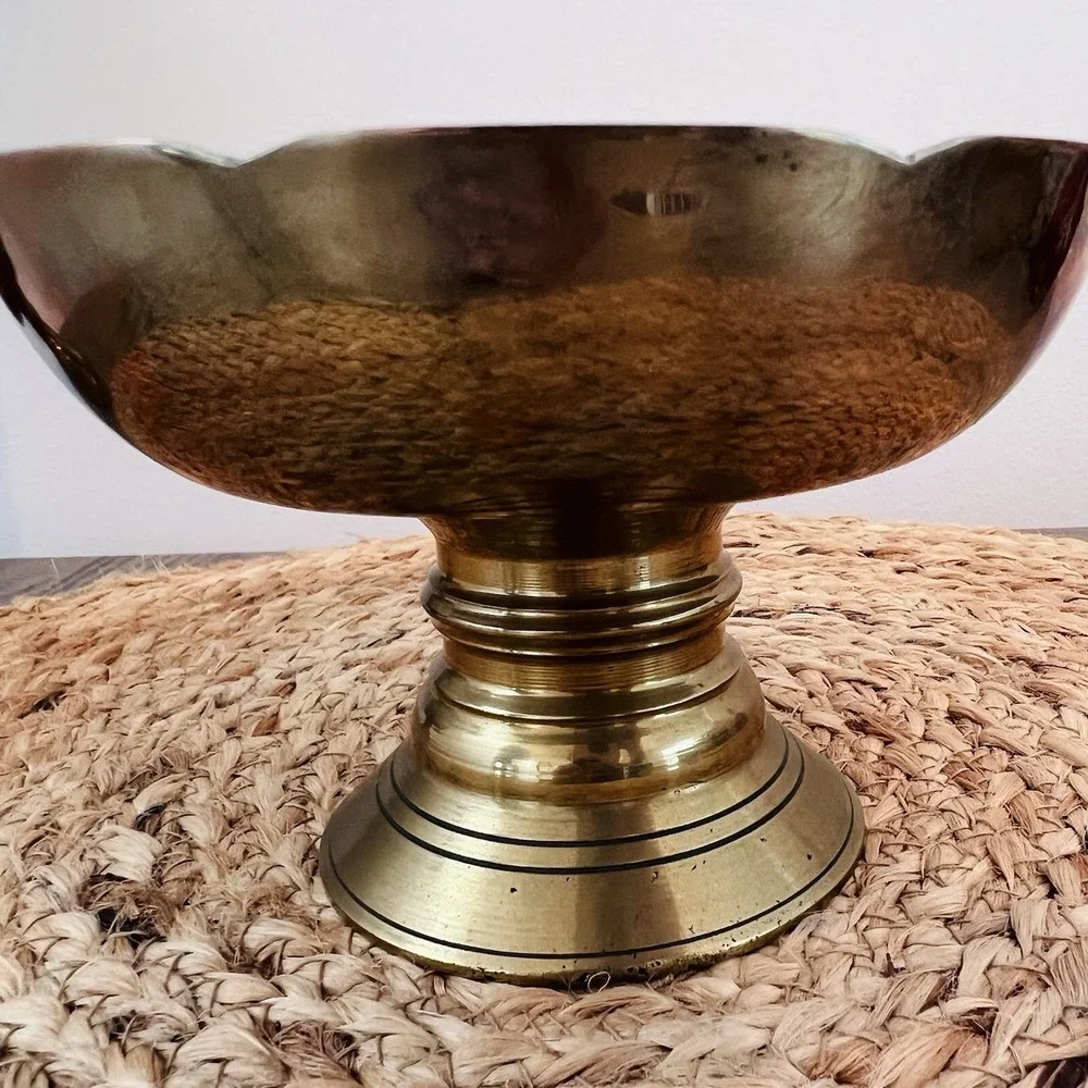 Solid Brass Pedestal Bowl Compote – Wide Shallow Dish on Turned Base 5 3/8